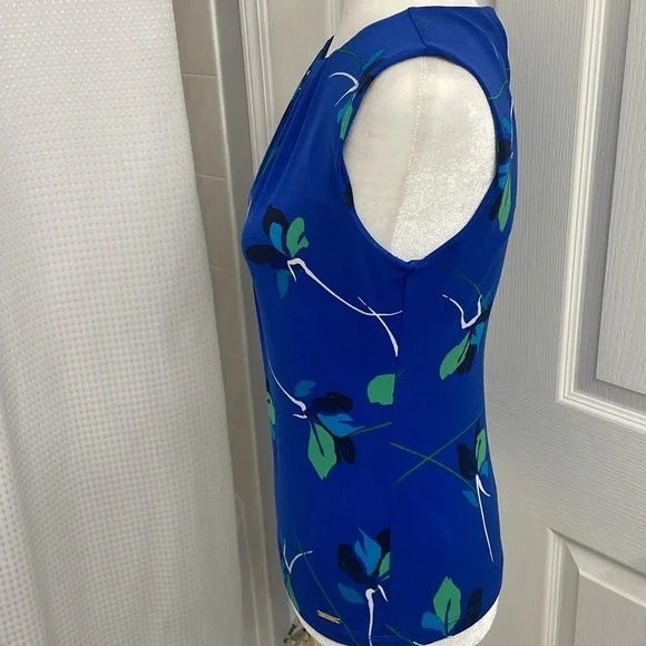 Calvin Klein Blue with Green floral Sleeveless Fitted Blouse Round Neck Size XS - Picture 3 of 8